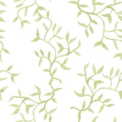 Abstract liana vine watercolor seamless pattern on white. Floral background with light green creeper. Simple garden climbing plant in minimalist style. Pastel stem with leaves clip art