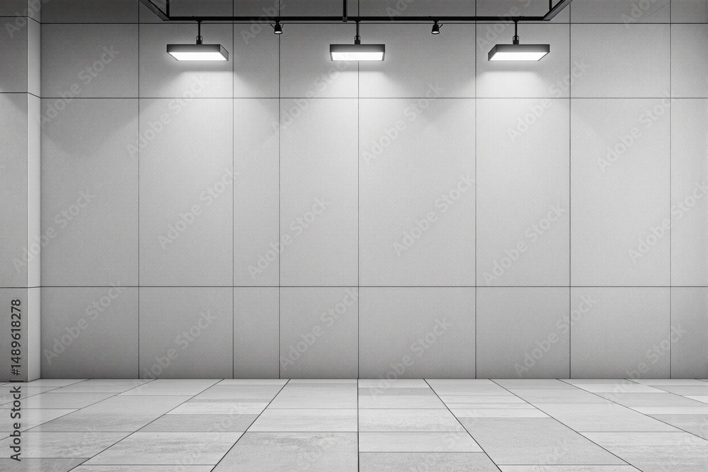 Aufkleber empty interior wall with sleek tiles and ceiling lights, minimalistic graphic style, on a neutral ba