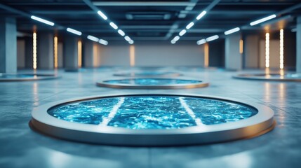 Exploring water features in modern architecture industrial space visual art contemporary setting artistic perspective