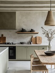 The light green kitchen features an island and a wooden table