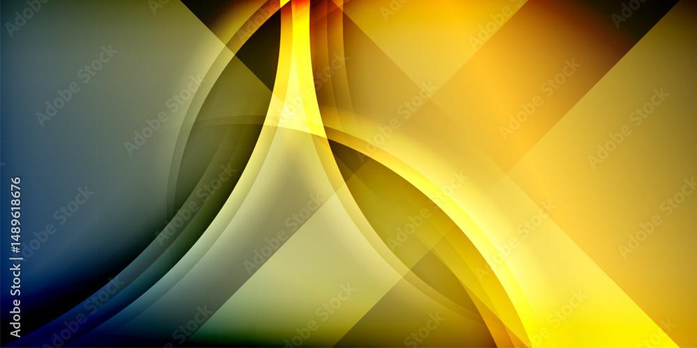 Poster Abstract composition. Flowing shapes intersect, creating dynamic visual effect. Warm yellows contrast cool blues, set against dark background.
