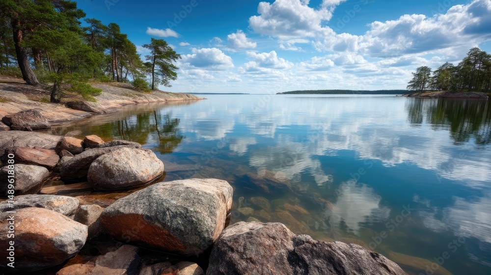 Poster scenic view of lake in pine forest with reservoir and sky concept. serene lake reflecting clouds and