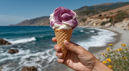 Hand Holding Vibrant Ice Cream on Sunny Beach – Summer Refreshment, Coastal Joy & Vacation Lifestyle Concept