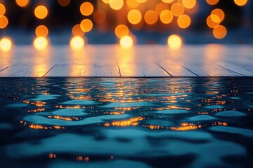 Golden bokeh lights softly reflecting on rippling water surface beside wooden deck in evening ambiance