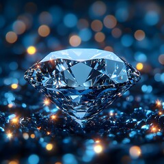 Radiant blue diamond on dark background with glittering lights
