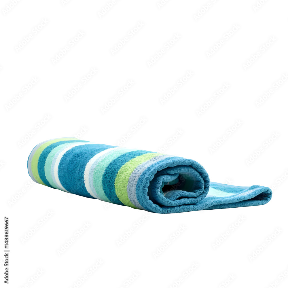 Poster vibrant striped beach towel elegantly rolled showing a spectrum of refreshing colors and soft textur