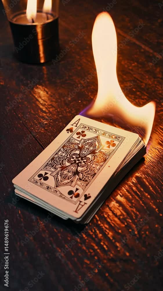 Poster moody video scene with a low-angle shot of playing cards on a dark wooden table, illuminated by soft