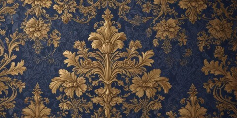 Intricate damask-style floral wallpaper, royal blue & gold hues, seamless, art, wallpaper