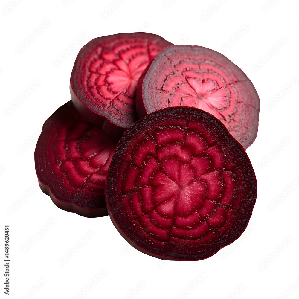 Poster vibrant slices of crimson beetroot showcase intricate details and textures on a stark setting that c