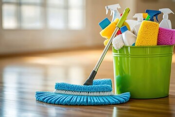 Green bucket filled with various cleaning supplies including spray bottles, sponges, and brushes with a blue mop head placed on a wooden floor in a bright room