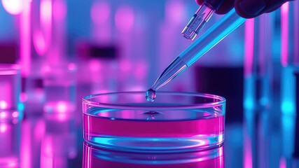 Close-up view of a pipette dispensing a vibrant liquid into a petri dish in a laboratory setting, illuminated with neon purple and blue lighting.