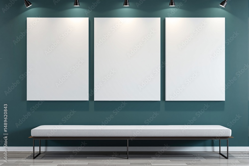 Aufkleber three blank white canvases hanging on a teal wall with overhead spotlights and a minimalist bench be