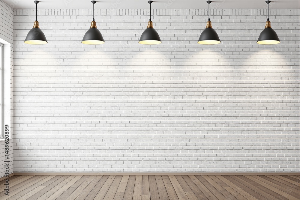 Poster white brick wall with five industrial ceiling lamps and wooden floor in empty modern interior, minim