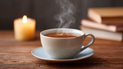 Steam Rising From a Cup of Tea on a Wooden Desk Surrounded by Books and a Candle