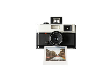PNG Vintage instant camera with photo ejecting on black background