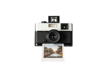 PNG Vintage instant camera with photo ejecting on black background