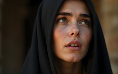 Biblical character. Emotional close up portrait of a woman in a veil looking up. High quality