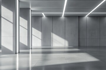 Modern, minimalist interior design, bathed in natural light.  Large open space, showcasing clean lines and neutral tones