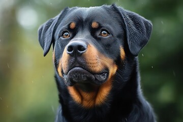 Fototapeta premium close-up portrait of a black and brown dog with expressive eyes in an outdoor setting with blurred green background