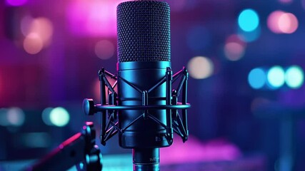 Professional microphone on stand illuminated by colorful lights in a recording studio, A professional microphone on a stand with a blue and purple abstract background - Powered by Adobe