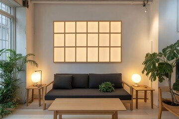 Minimalist, light-filled living space featuring a wooden sofa, side tables, and a framed, lit partition wall