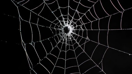 Obraz premium Intricate Spider Web with Dew Drops Against a Black Background