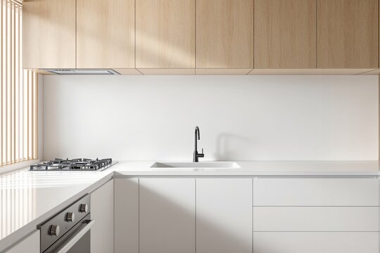 Sleek white modern kitchen with wood cabinets, minimalistic design, natural daylight through slats, architecture and interior design concept. Ai generative