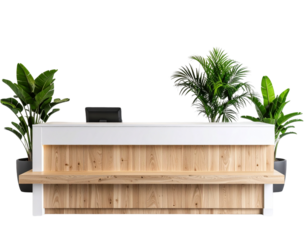 Modern Lobby Counter in White and Wood Finish with Touches of Greenery, Isolated PNG