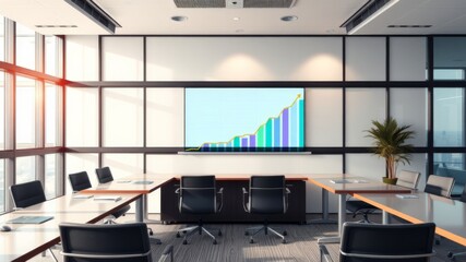 A modern, spacious conference room features a large screen displaying an upward trending bar graph illustrating positive business growth.
