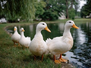 Fototapeta premium Ducks on the ponds grassy edge