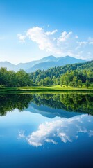 Fototapeta premium Tranquil reflection of mountains in serene lake nature landscape daytime panoramic view scenic beauty