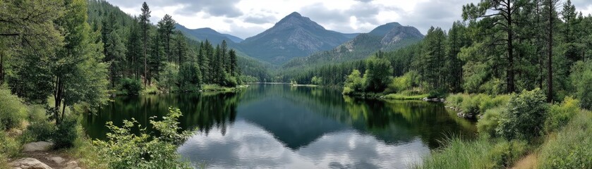 Fototapeta premium Scenic view of lake in pine forest with cloudy summer sky concept. Serene mountain landscape with lush greenery and tranquil water.