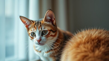 Fototapeta premium A cute calico cat with striking orange and white fur sits near a window looking attentively towards the viewer.
