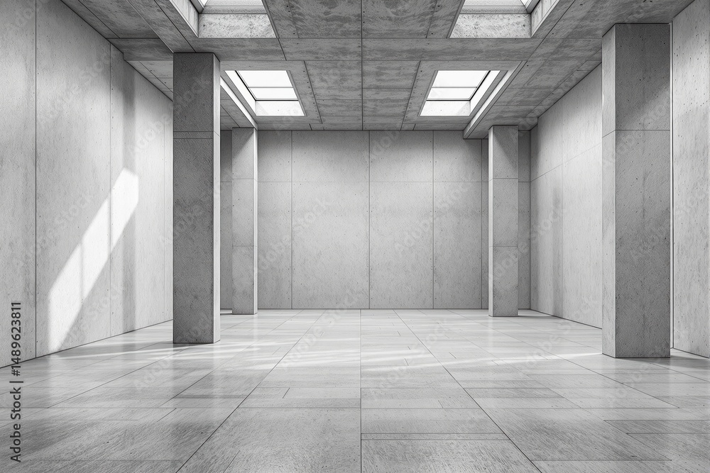 Poster empty concrete room featuring skylights, clean architectural lines, minimalist modern design on a br