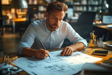 Concentrated man in a white shirt working on architectural blueprints in a warmly lit modern office filled with books and organized stationery