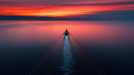 Obraz premium Serene Sunrise Over Calm Waters with Boat Leaving Wake Trail