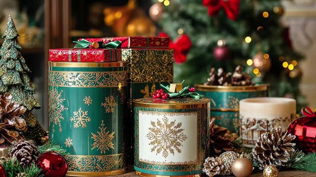 Festive gift boxes and holiday decorations create a warm seasonal atmosphere in a cozy setting, Gift box in holiday season with our new line of festive home decor