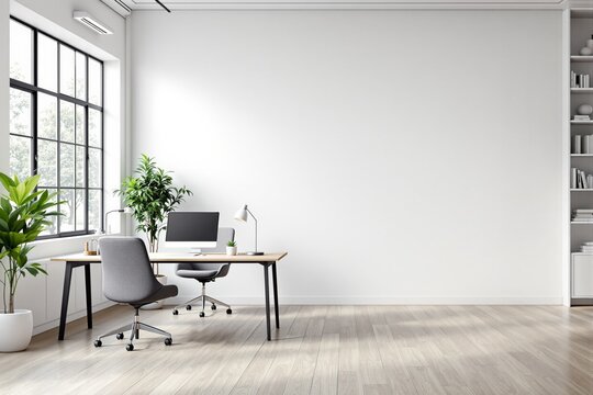 Contemporary home office with desk, chairs, computer, indoor plants, and bookshelf in minimal design style on wood floor and white wall background. Ai generative