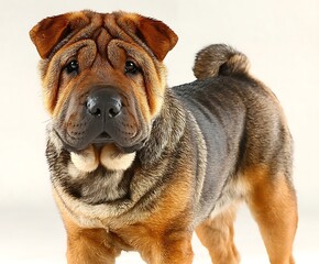 Obraz premium A canine is standing. Its fur is reddish brown in the front, with a gray portion in the rear. The canine has many folds on its face.