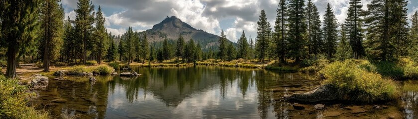 Scenic view of lake in pine forest with cloudy summer sky concept. Scenic mountain view reflecting on a calm lake with vibrant trees.