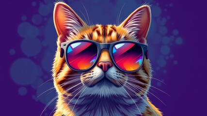 A cool tabby cat wea stylish sunglasses poses confidently against a vibrant purple background for a fun and trendy design.