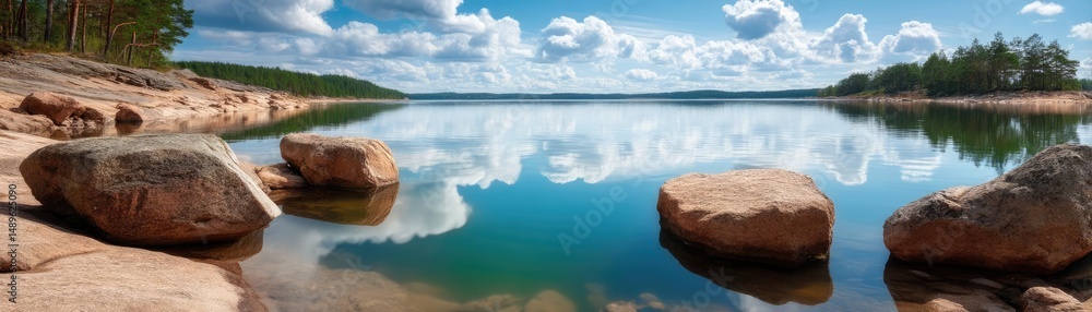 Poster scenic view of lake in pine forest with reservoir and sky concept. scenic lake view with clear water