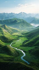 Breathtaking river flowing through lush green mountains scenic landscape nature photography aerial view