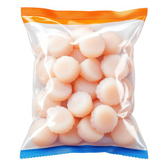 Frozen Scallops in Plastic Bag, Frozen Food. isolated on transparent background.