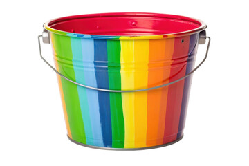 PNG Colorful rainbow striped metal bucket with handle on white background