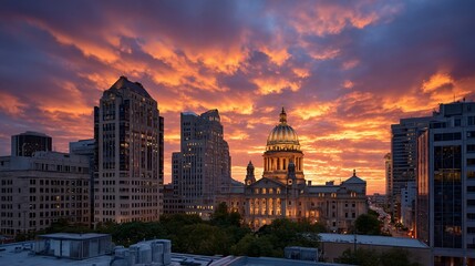 Obraz premium Fiery city skyline with illuminated dome at dusk