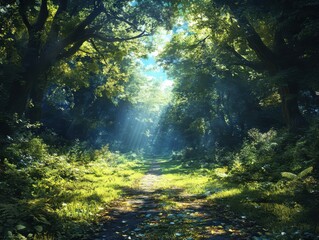 Sunlight streaming through dense forest canopy nature landscape serene environment tranquil viewpoint