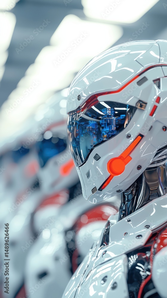 Poster robots in production line tech factory industrial photography high-tech environment close-up view in