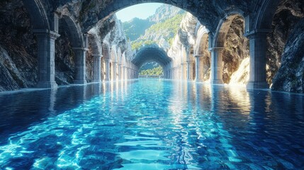 Tranquil water reflection ancient ruins landscape photography serene environment aerial view nature's beauty