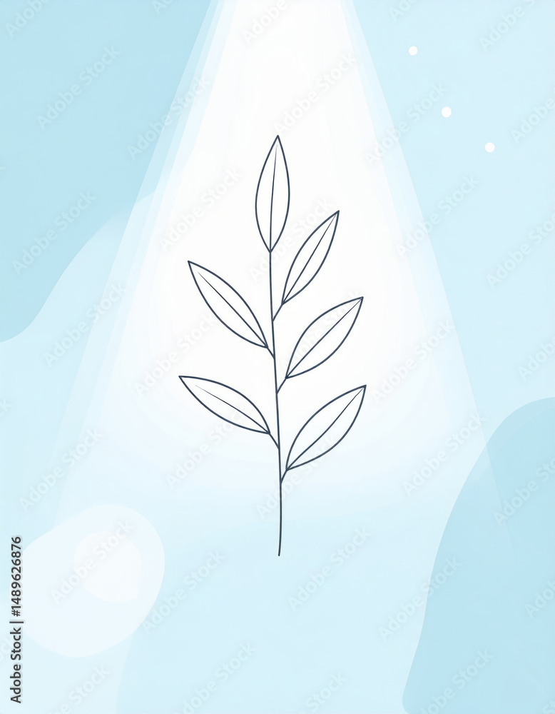 Wall mural simple linear herb sprig reaches toward light in minimal abstract design, set against soft blue back